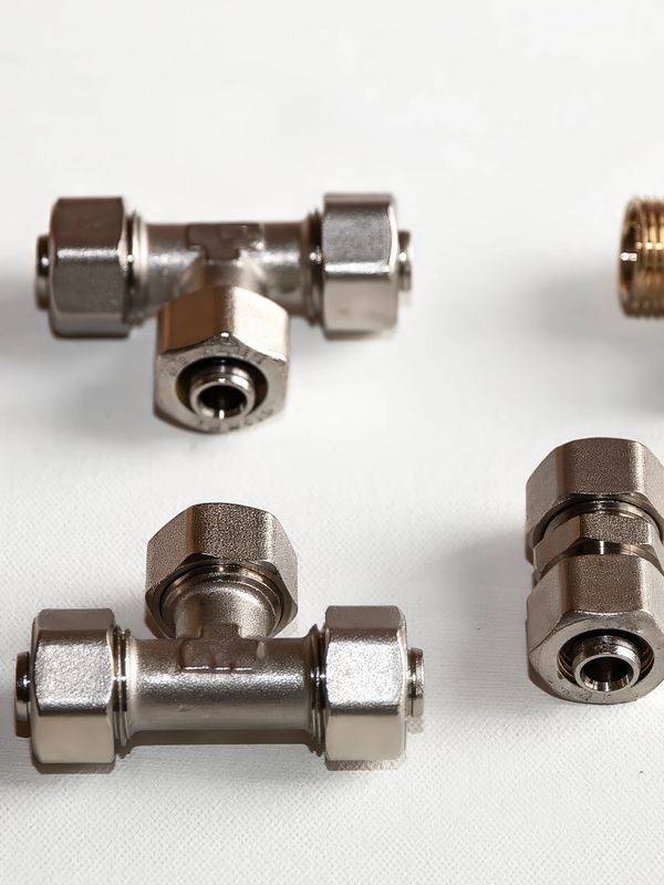 Close-up of metallic plumbing fittings on a white surface.