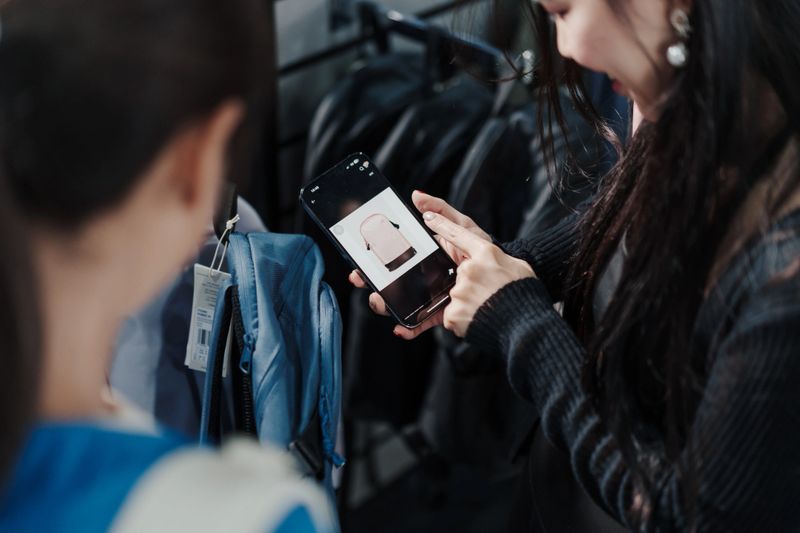 Asian woman using smartphone to see reviews backpack in sport shop. Mobile shopping, digital lifestyle, consumer behavior, activewear shopping, fitness fashion retail moment.
