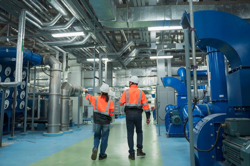 Two engineers wearing safety helmets and high-visibility orange jackets walk through a high-tech industrial facility. The environment is filled with advanced machinery, large metal pipes, and complex ventilation systems. The individuals appear to be discussing technical details, showcasing collaboration and precision in a controlled industrial setting. The bright lighting and organized space emphasize a clean and efficient operation.