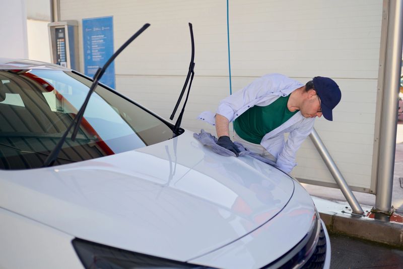 Car wash employee meticulously drying a white car hood with a microfiber cloth, ensuring a spotless finish
