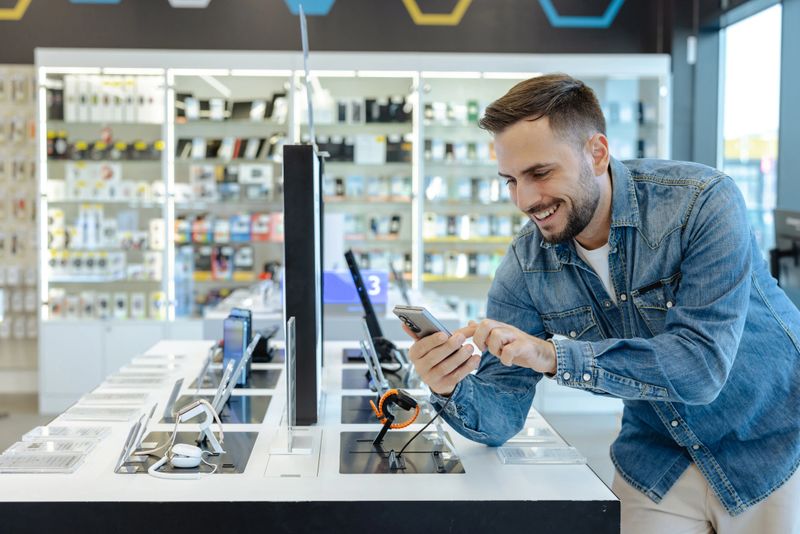 A man is interacting with the smartphone display at a well-lit electronics store.