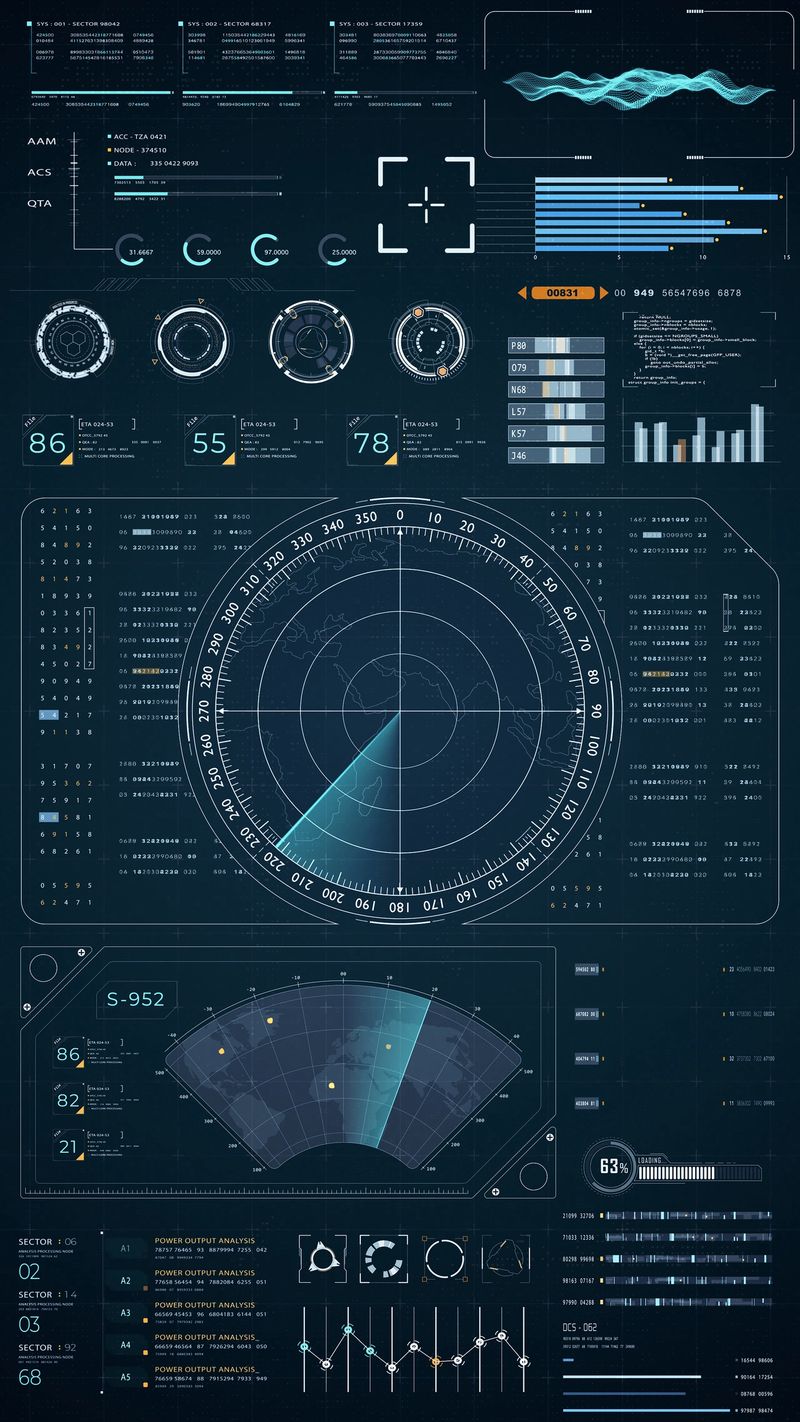 Blue color sonar radar screen searching an object with futuristic head up display (HUD UI) technology interface screen and chat panel abstract background vertical