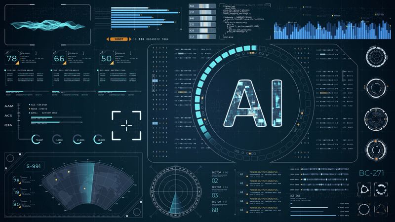 Blue digital AI with head up display (HUD UI) panel and futuristic technology abstract background artificial intelligence and robot assistant machine learning