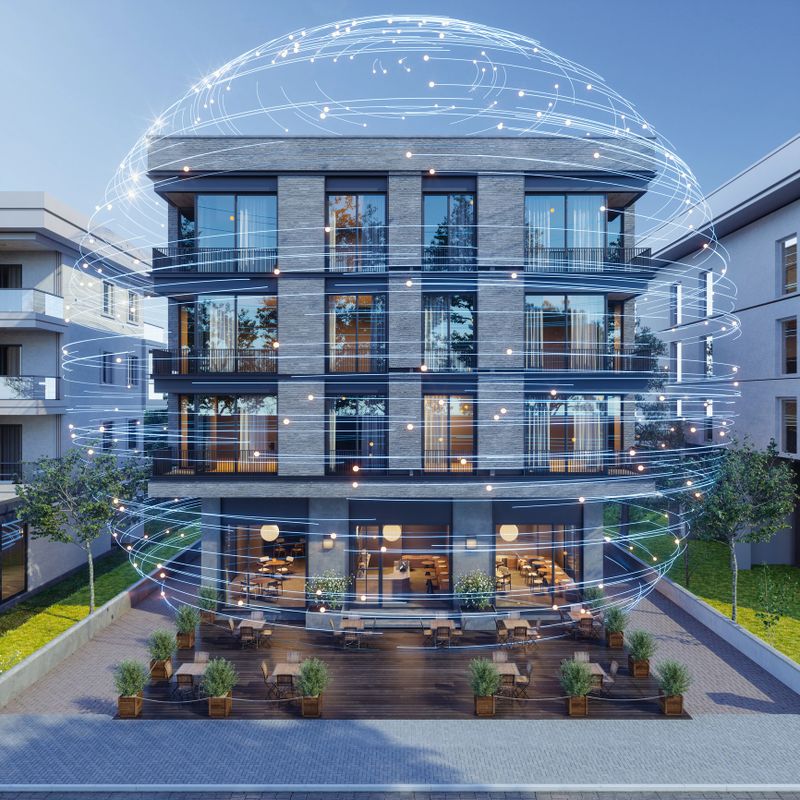 Building Exterior With Plexus And Connection Dots. Smart Home Concept