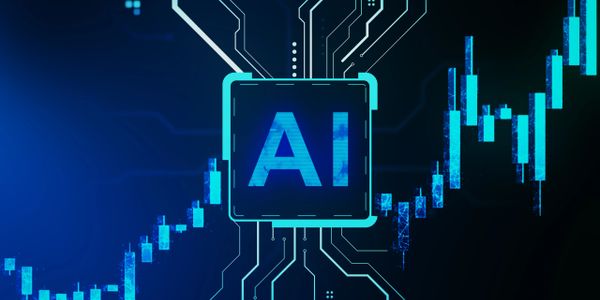 Digital AI icon with circuit lines and financial graph elements.