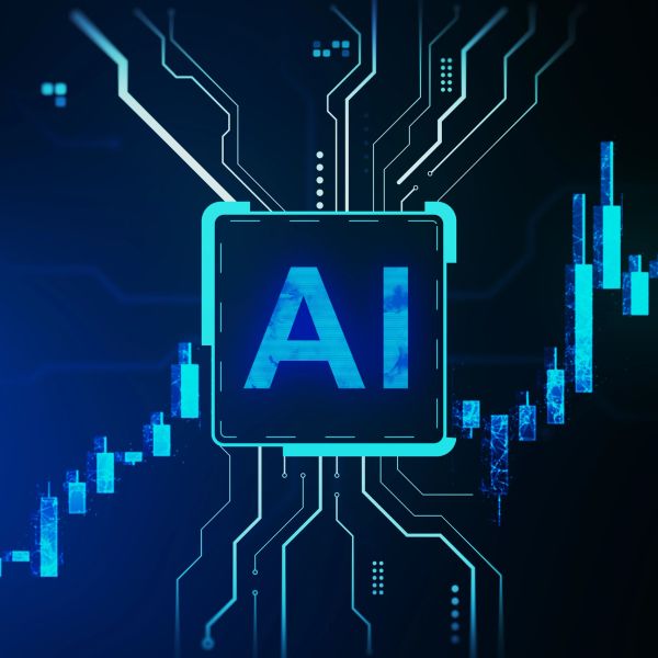 A glowing AI chip with digital circuit lines and data bars on a dark background.