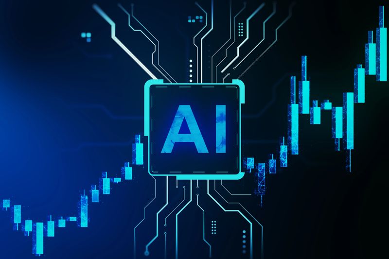 Glowing AI chip with digital circuits and rising candlestick charts on a dark background, representing finance and technology. 3D Rendering