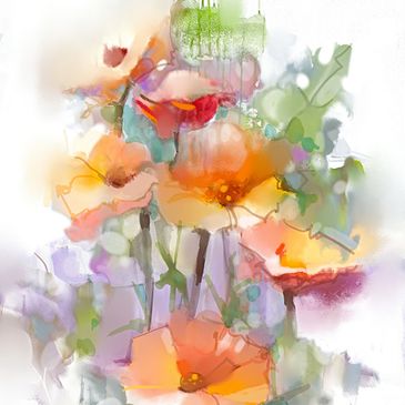 Soft watercolor painting of vibrant orange flowers with green leaves.