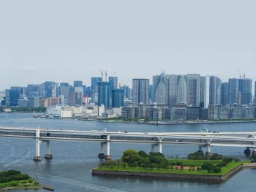 City skyline with a bridge over water and green island.