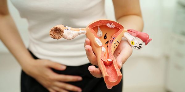 Person holding a model of the female reproductive system, indicating abdominal pain.
