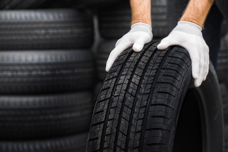 Car Mechanic holding new tyre on background store. Auto mechanic hands in white gloves holding a tire at the repair garage. Replacement of winter and summer tires. Car tire Service concept