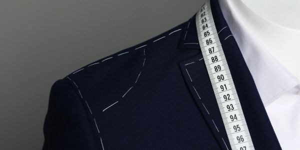Tailored navy suit with measuring tape.