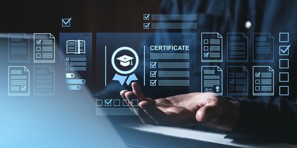Hand holding digital certificate and documents icons.