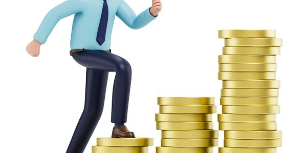 3D businessman climbing stacks of gold coins representing financial growth.