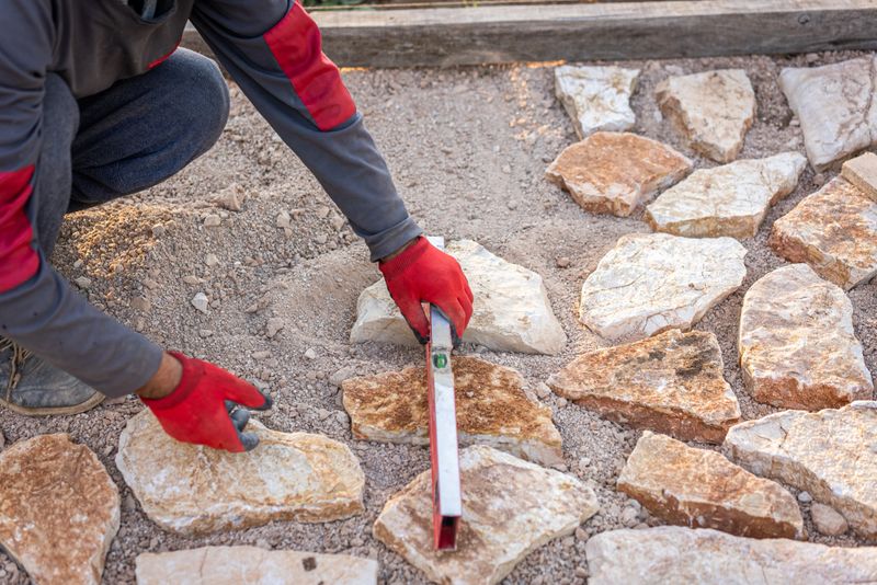 Construction worker laying natural stone pavement in the garden of a house