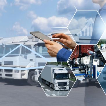Person managing truck logistics on a tablet with truck images.