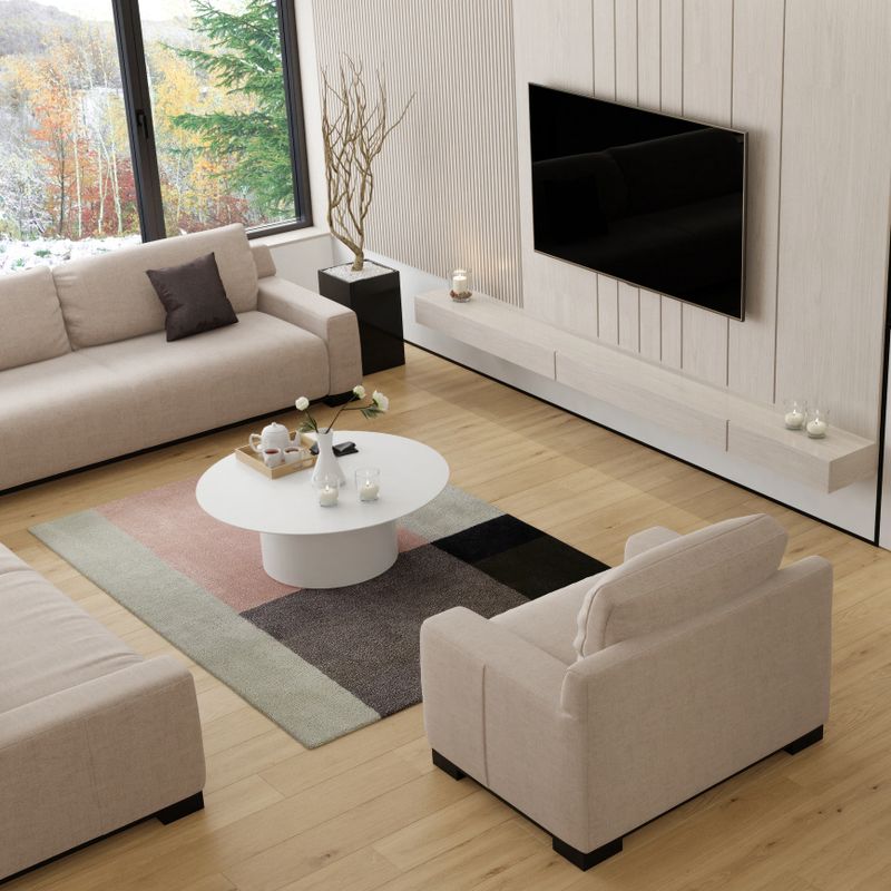 Modern Scandinavian apartment featuring an open space living room with a cozy sofa and armchairs. The design highlights white wood wall paneling, warm pine hardwood parquet flooring, and a wall-mounted TV. Filled with natural light, the space feels bright, airy, and inviting—perfect for showcasing Scandinavian interior design, minimalist lifestyle concepts, real estate promotion, and interior design studios.