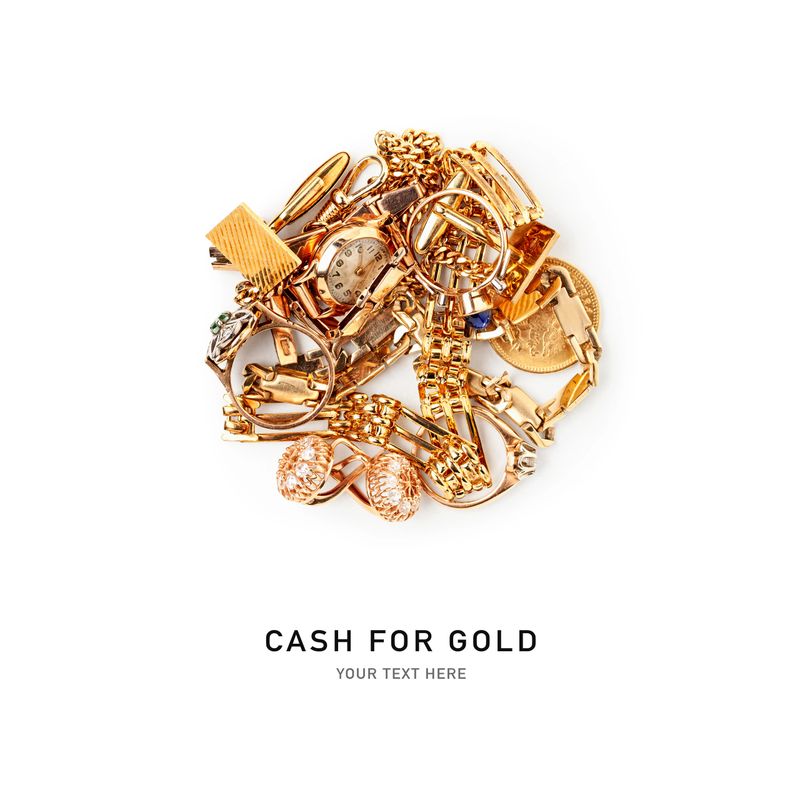 Golden jewelry and old coin photography isolated on white background. Jewelry shop concept. Selling gold for cash. Design element. Flat lay, top view. Creative layout