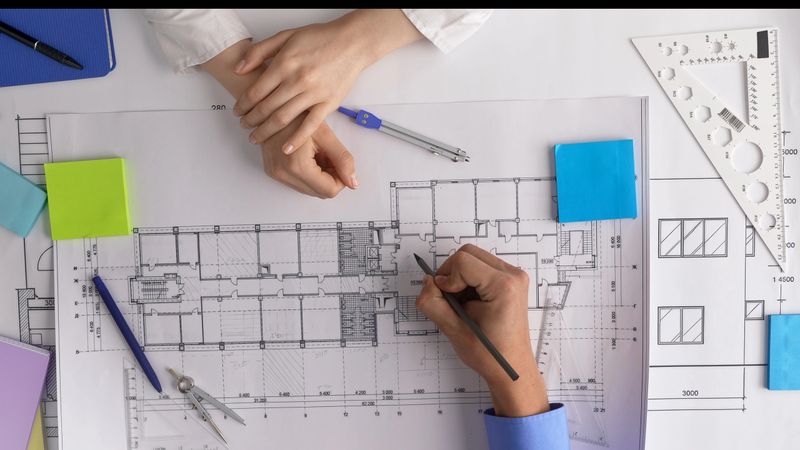 Two architects working on a detailed architectural blueprint. Precision tools and notes surround their workspace. Top shot
