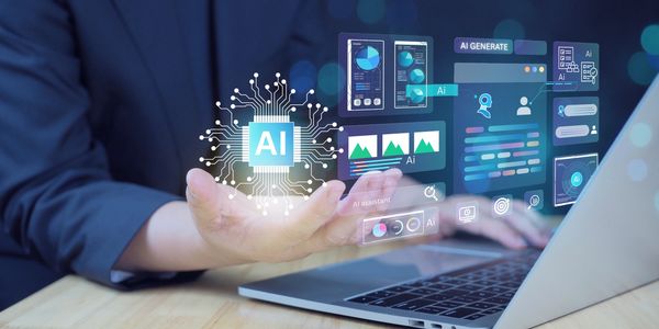 Person using AI technology with holographic interface over laptop.