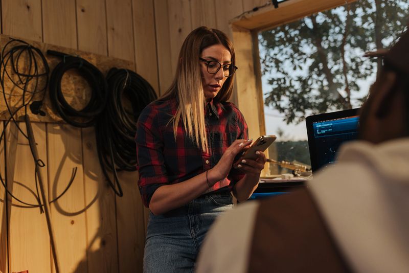 Female robotics engineer using smart phone, consulting with colleague in a workshop, developing innovative technology