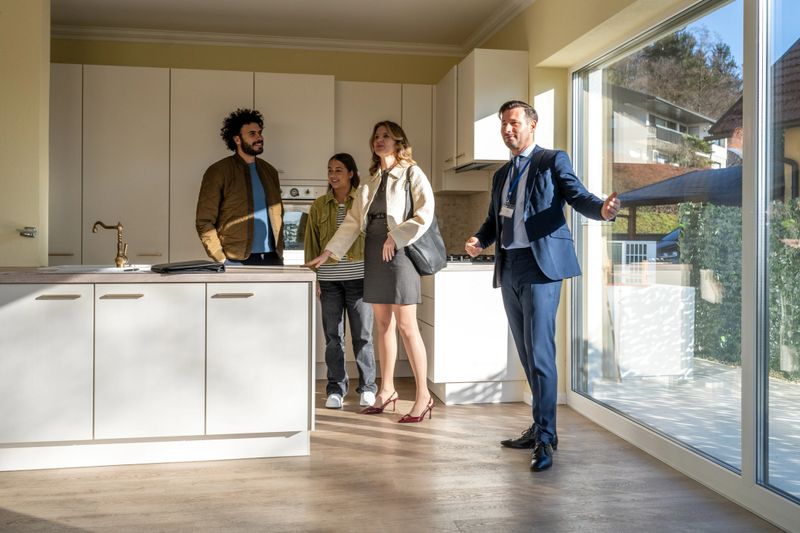 Wide-angle shot of a mid-adult real estate agent in navy suit presenting a minimalist white kitchen to a diverse young family, bathed in natural sunlight through floor-to-ceiling windows.