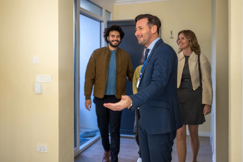 Wide-angle shot of mid-adult real estate agent in navy suit presenting apartment features to young mixed-race couple during property viewing in naturally lit interior space.