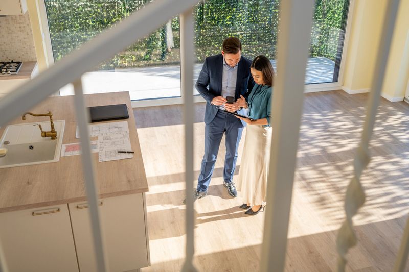Mid adult Asian female real estate agent professionally guiding a mid adult Caucasian businessman through a house with sunlit interiors. Both are engaged in a discussion over documents in a modern, bright kitchen setting.