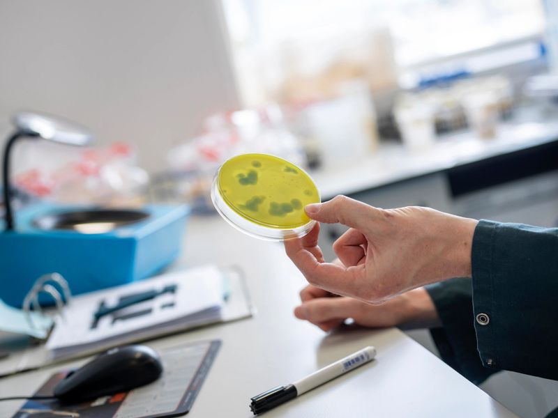 Laboratory technician in dark clothing holding a petri dish with yellow agar medium showing visible bacterial colonies or growth spots. The scientist examines the culture plate in a modern laboratory workspace with equipment and supplies visible in the blurred background. This demonstrates standard microbiological testing procedures for quality control and contamination detection.