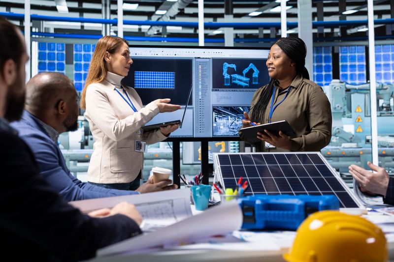 Engineers and scientists collaborate on solar panel research and development, analyzing data and experimenting with advanced materials to develop innovative renewable energy solutions