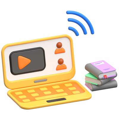 Laptop amarelo com ícone de vídeo e livros ao lado.