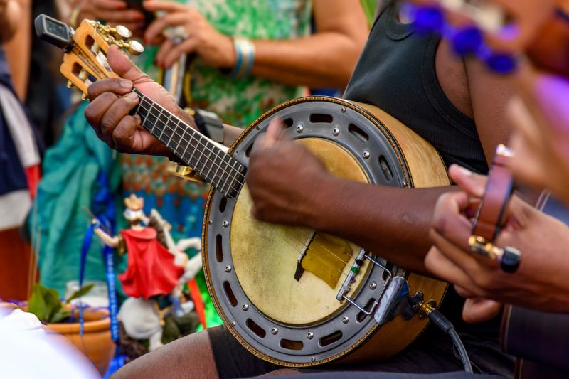 Banjo player during a samba show on the streets of Brazil