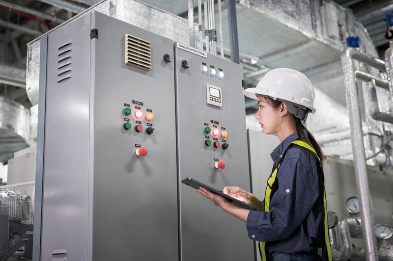 woman engineer in hand hold tablet checking  voltage and record on AMCC  Panel in factory