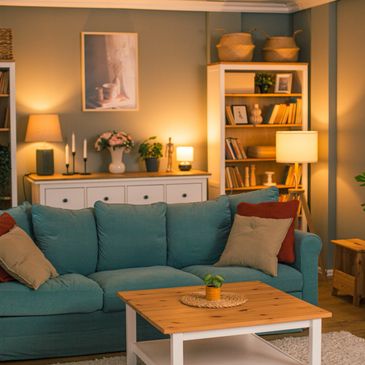 Cozy living room with teal sofa, wooden coffee table, and warm lighting.