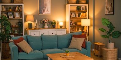 Cozy living room with teal sofa and warm lighting.