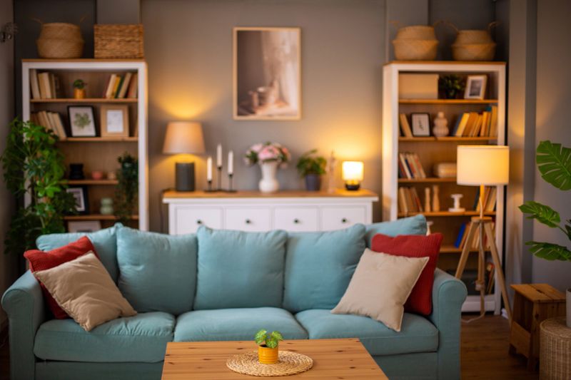 Inviting living room with comfortable sofa, bookshelves, warm lighting, and stylish decor, creating a cozy and relaxing atmosphere