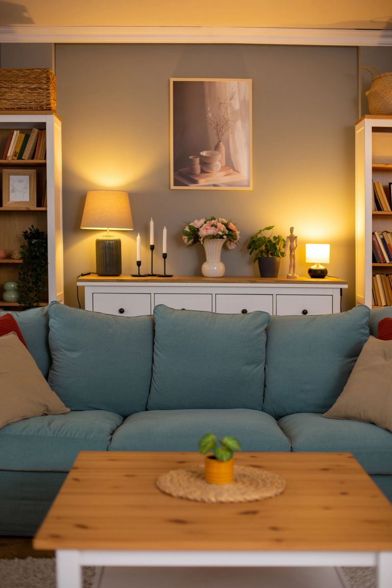 Inviting living room with comfortable sofa, wooden coffee table, bookshelves, and warm lighting, creating a cozy and relaxing atmosphere