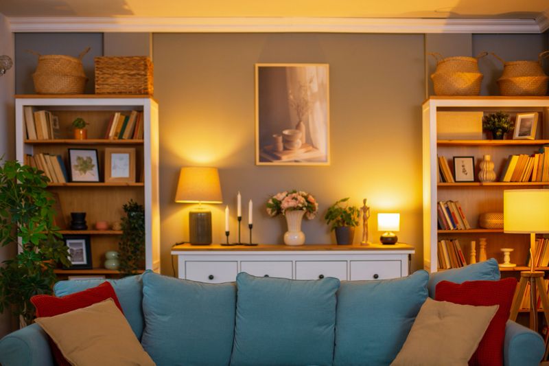 Inviting living room with comfortable sofa, bookshelves, warm lighting, and stylish decor, creating a cozy and relaxing atmosphere