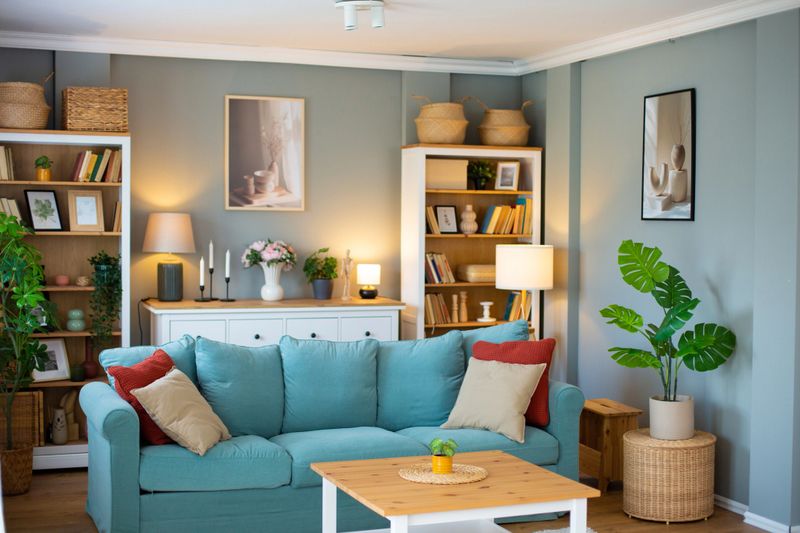 Cozy and stylish living room with a comfortable sofa, bookcases, and decorative elements, creating a welcoming atmosphere