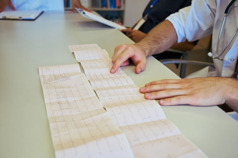 Doctors and nurses examining an electrocardiogram printout during a medical consultation in a hospital setting