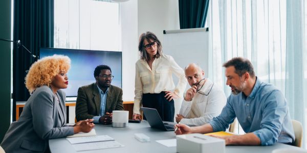 A diverse group of professionals engaged in a serious meeting around a conference table.