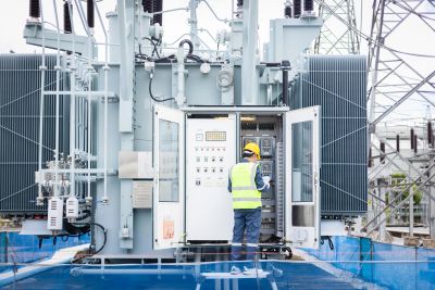 Worker inspecting electrical substation equipment.