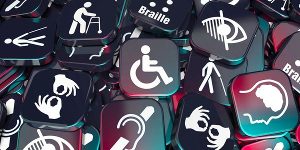 3D icons representing various disabilities and accessibility symbols.