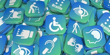 Seniors and People with Disabilities Coordination. Photo of green and blue tiles with disability log