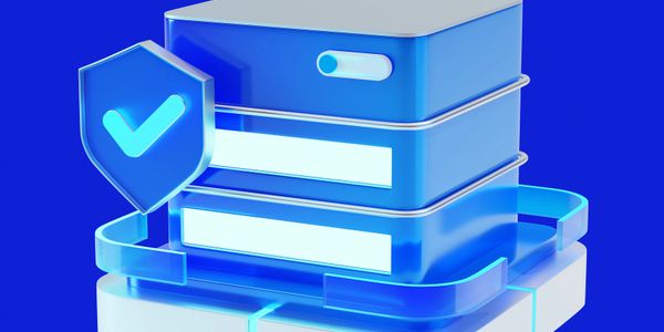 3D illustration of a secure data server with a checkmark shield.
