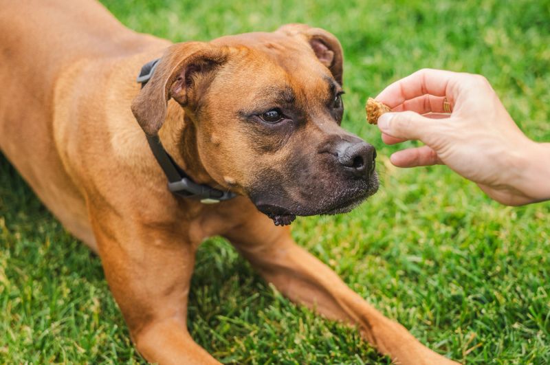 Close-up of a brown Boxer dog focused on a treat held by a person in a grassy backyard, showcasing anticipation and training interaction. High quality photo