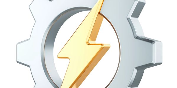 A golden lightning bolt inside a silver gear symbol.