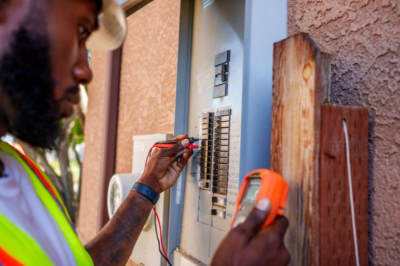 An African American electrician in his 20s wearing a hard hat and high-visibility safety vest uses a multimeter to test an outdoor electrical panel. The scene takes place in daylight beside a stucco wall in a residential or commercial setting. The image features a shallow depth of field, focusing on the electrician’s task with a blurred background.