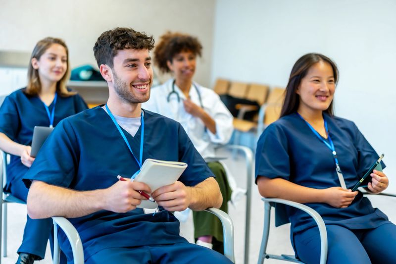 Group of young medical students listening attentively to a lecture in a bright university classroom, taking notes and learning