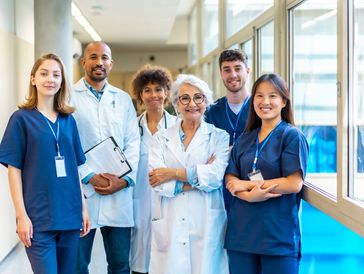 A diverse group of healthcare professionals posing confidently in a hospital corridor.